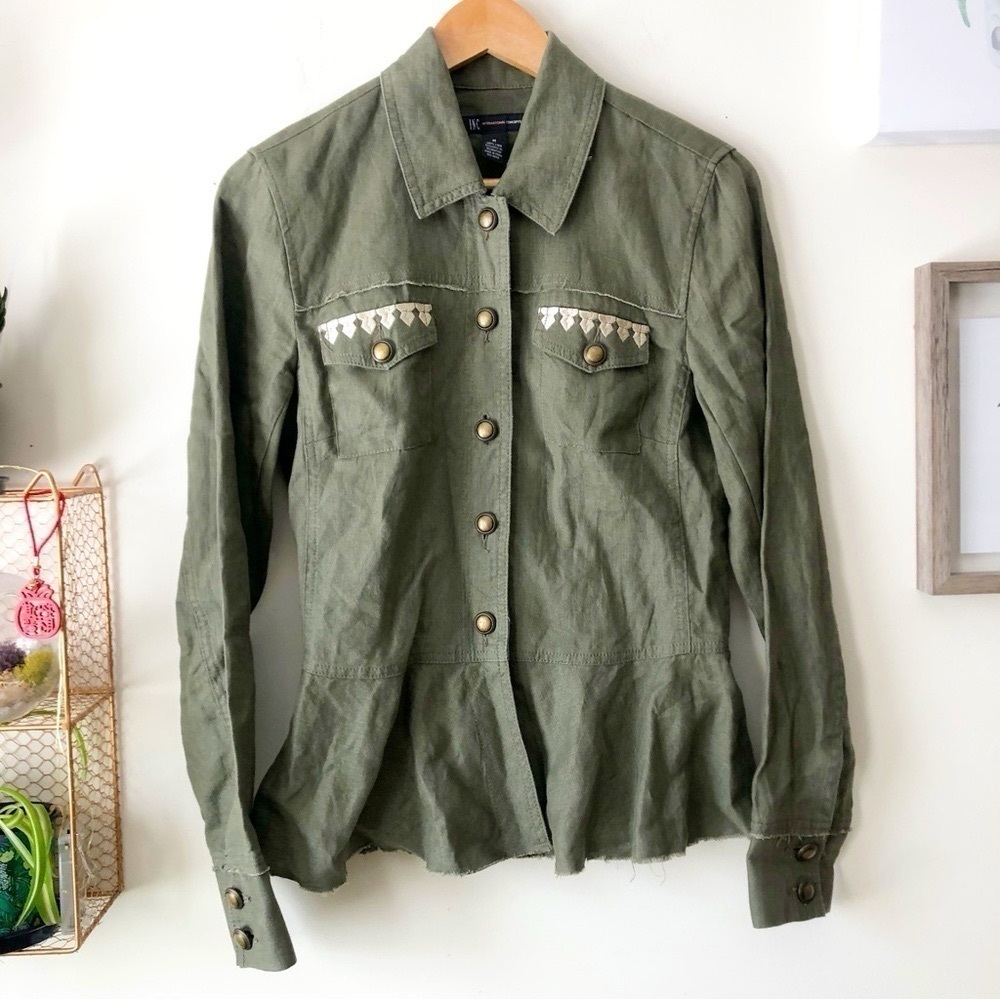 International Concepts 100% Linen Embroidered Olive Green Utility Jacket Sz M - Picture 5 of 13